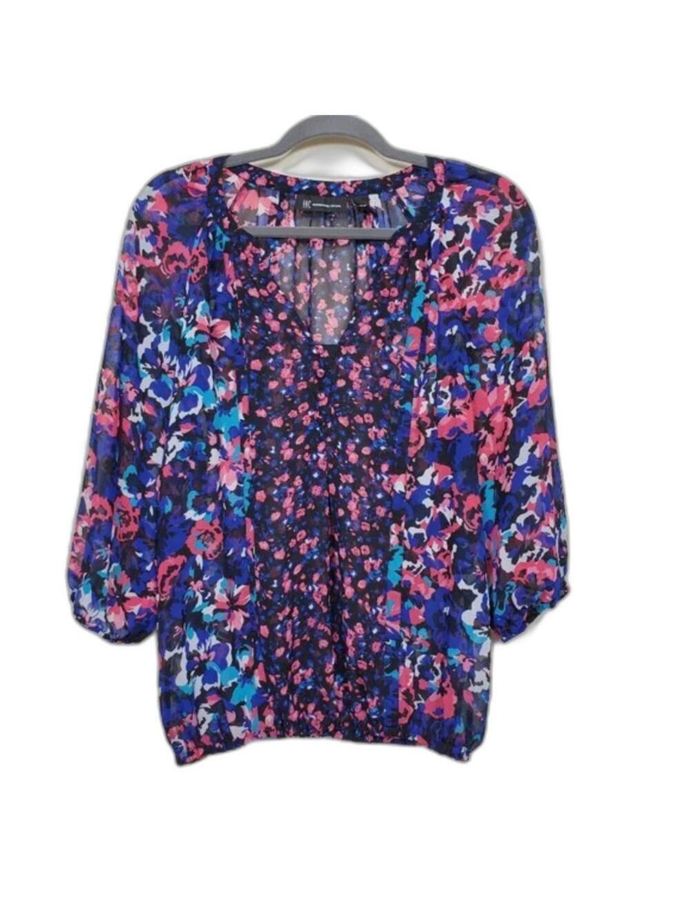 INC International Concepts Floral Blouse Womens Size 6 Blue Pink Black Sheer Top
